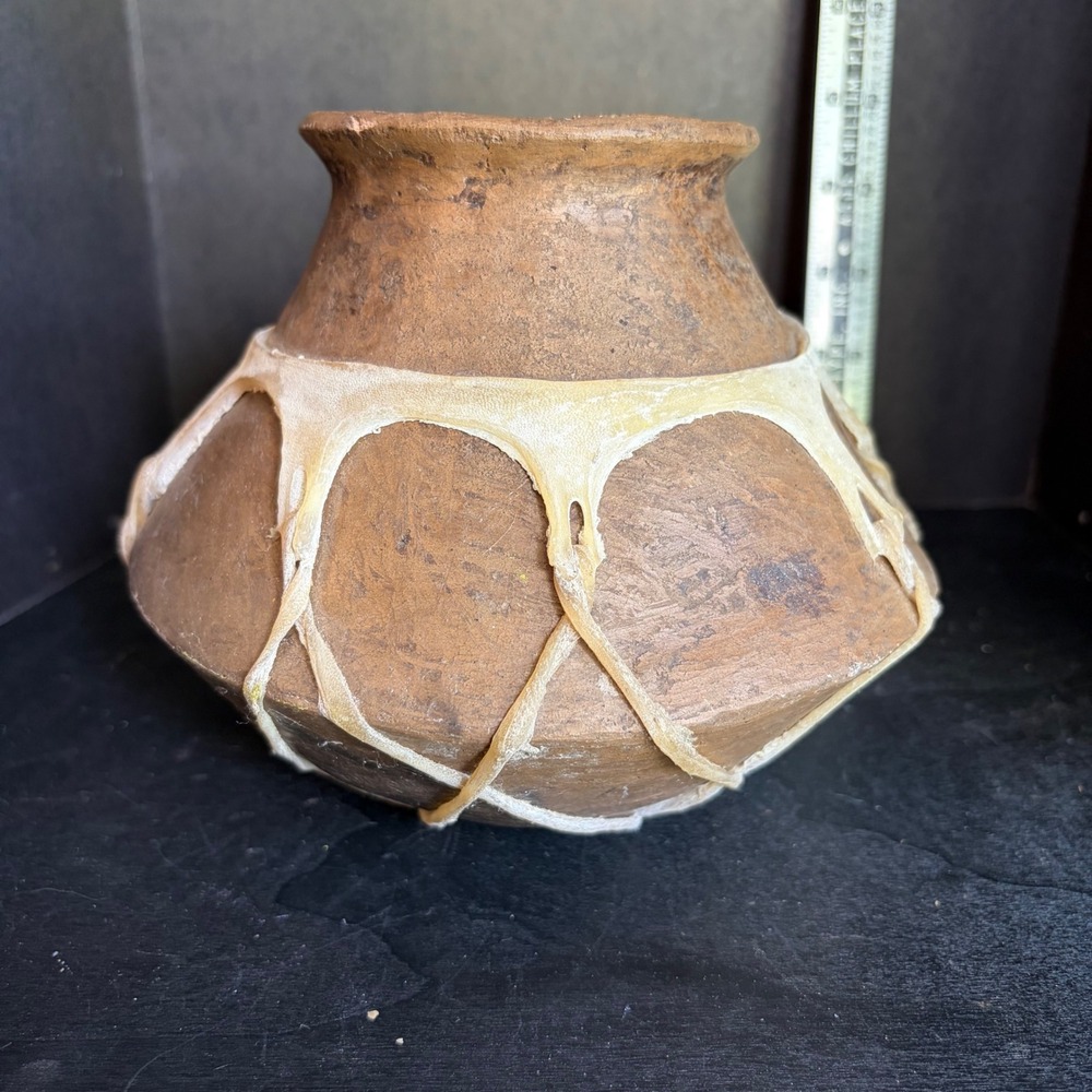 Handcrafted Clay Pottery Vessel with Rawhide Wrap Rustic Primitive Decor 5.5in